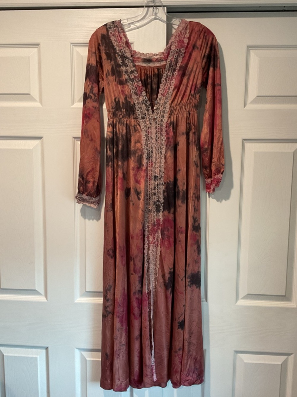 True Vintage Tie-Dye Pink Brown Long Lace-Trim Satin Dress Chemise Nightgown Y2K - Picture 1 of 9